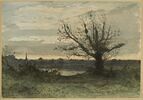 Chasseur sous un grand arbre au bord d'un étang, au crépuscule, image 1/2