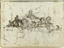 Voiture tirée par deux chevaux suivie par un cavalier et précédée par un chien ; deux esquisses d'une figure ; croquis de palmettes ; profils de têtes caricaturales ; plusieurs annotations et essais de plume, image 1/2