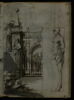 Partie gauche d'un portail avec cariatide, arc de triomphe avec armes sculptées et fontaine dans un parc, image 2/2