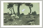 Paysage au petit nuage mauve : jeune fille assise sur un rocher, image 2/2