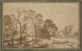 Paysage avec trois habitations rustiques entourées d'arbres, image 1/2
