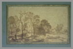 Paysage avec trois habitations rustiques entourées d'arbres, image 2/2