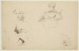 Etudes de figures :  femme assise ; femme criant, visages ; jambe ; couple, image 1/2