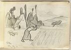 Femme dans un champ levant une bêche, image 1/2